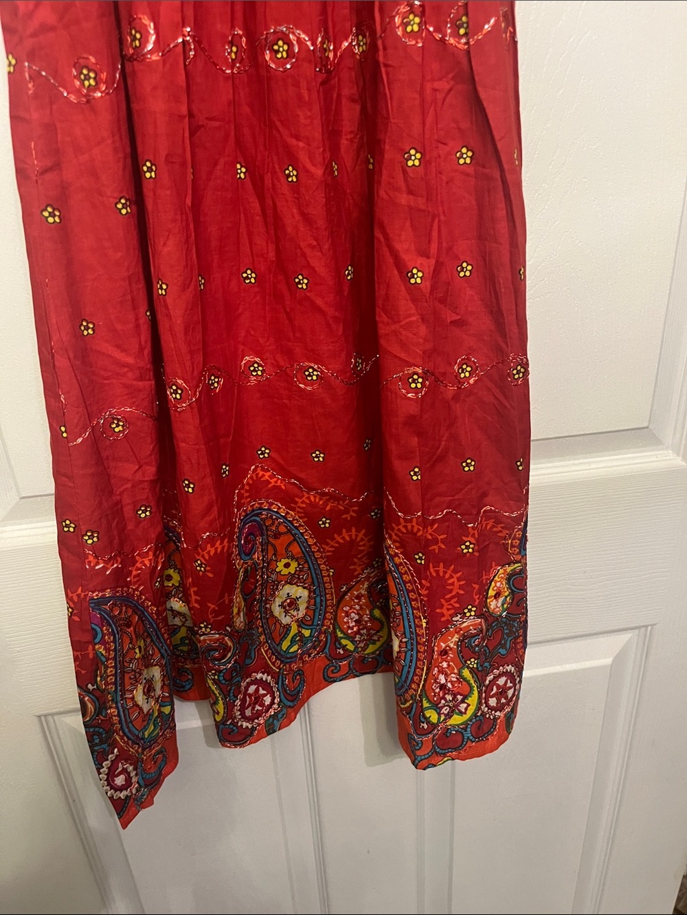 Red Paisley-Trim Midi Dress with Spaghetti Straps - Picture 2 of 3